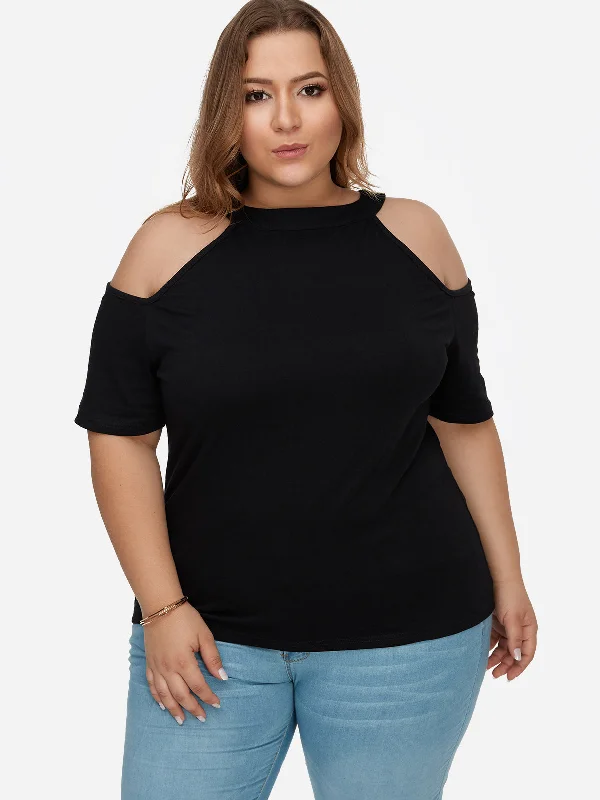 OEM ODM Round Neck Cold Shoulder Plain Cut Out Short Sleeve Black Plus Size Tops