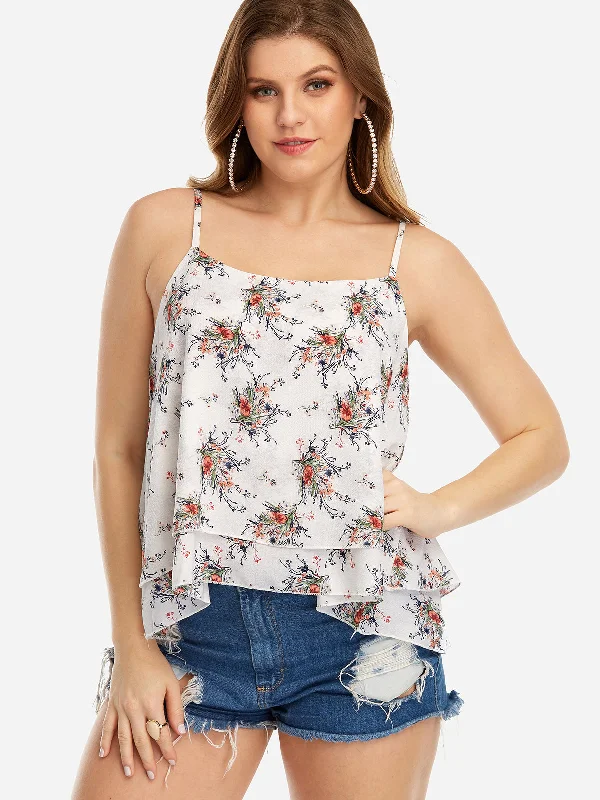 OEM ODM Square Neck Floral Print Tiered Backless Spaghetti Strap Sleeveless White Plus Size Tops