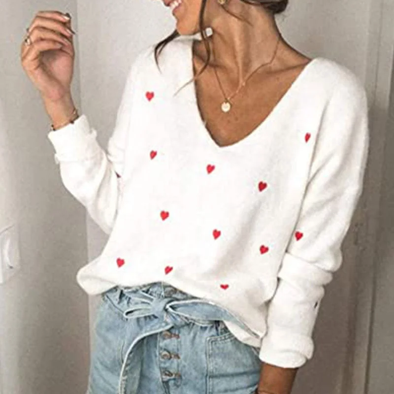 Women's Fashion New Sweater Valentine's Day Love Polka Dot V-Neck Plus Size Loose Pullover