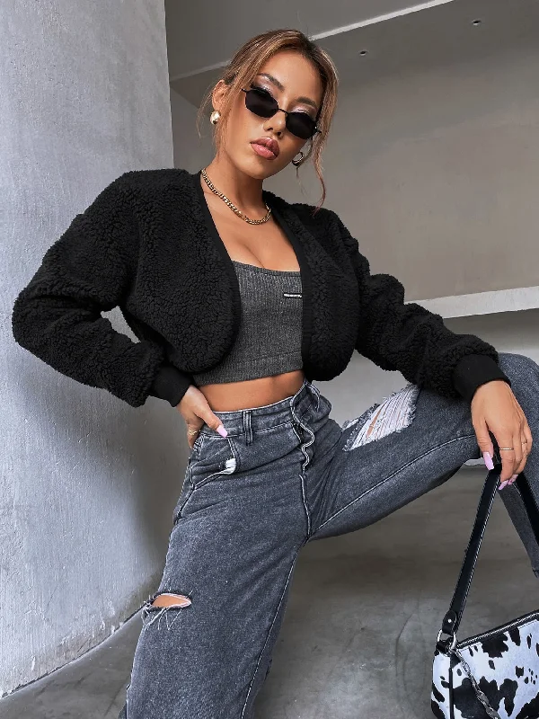 Casual Plain Long Sleeve Crop Women Jacket