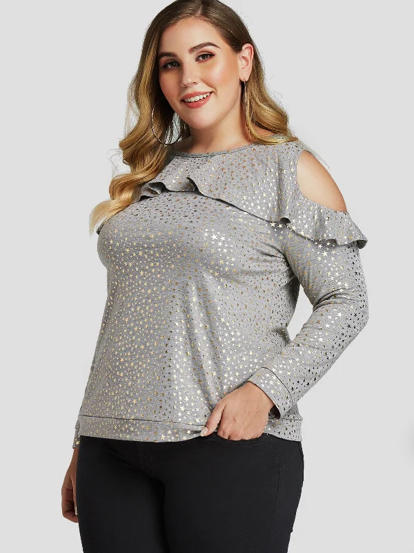 OEM ODM Round Neck Star Cut Out Long Sleeve Grey Plus Size Tops