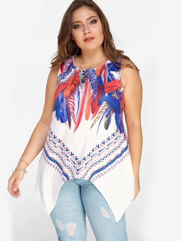 OEM ODM Scoop Neck Tribal Print Sleeveless Irregular Hem White Plus Size Tops