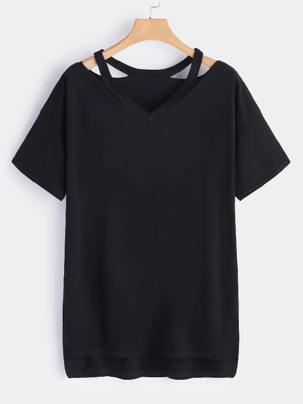 OEM ODM V-Neck Plain Hollow Short Sleeve Plus Size Tops