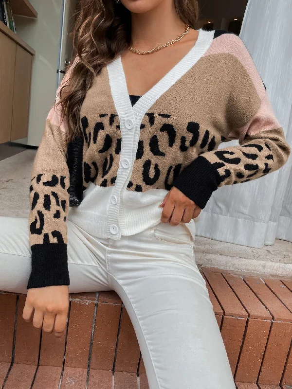 Casual Leopard Button Front Long Sleeve V Neck Regular Women Cardigan