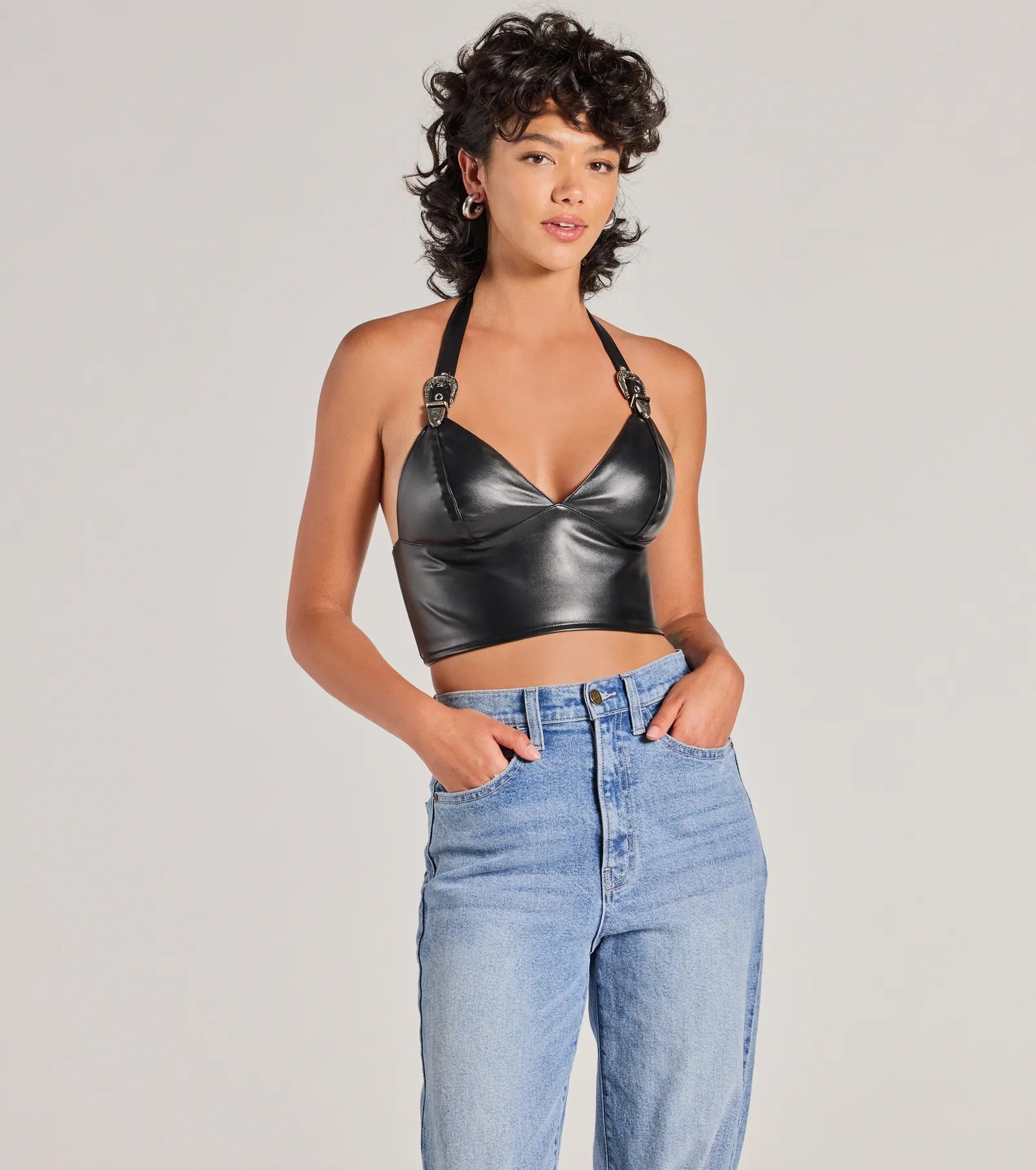 Bold Buckle Halter Strap Faux Leather Crop Top