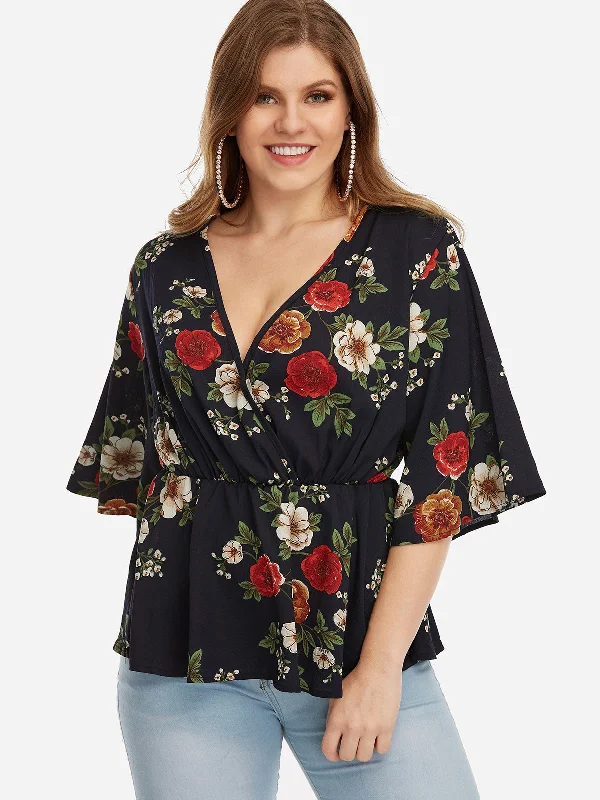 OEM ODM V-Neck Floral Print Half Sleeve Flounced Hem Black Plus Size Tops