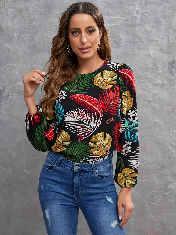 Casual Tropical Button Long Sleeve Round Neck Regular Blouse