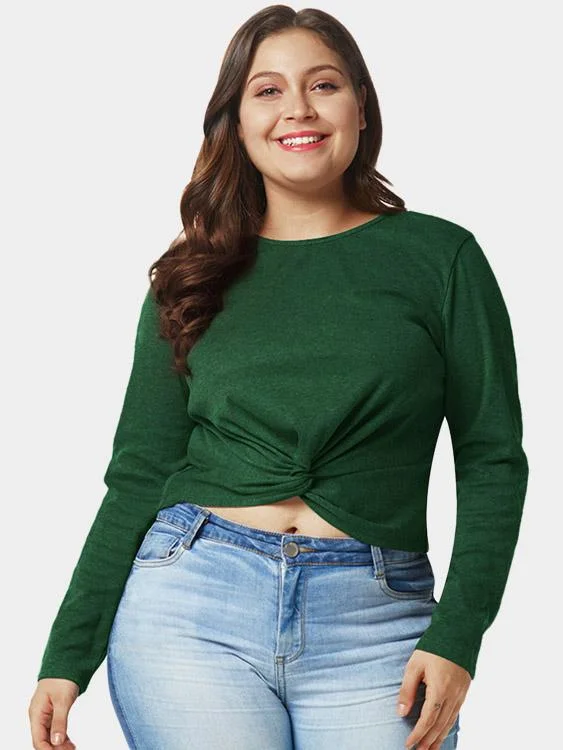 OEM ODM Round Neck Plain Twist Long Sleeve Green Plus Size Tops