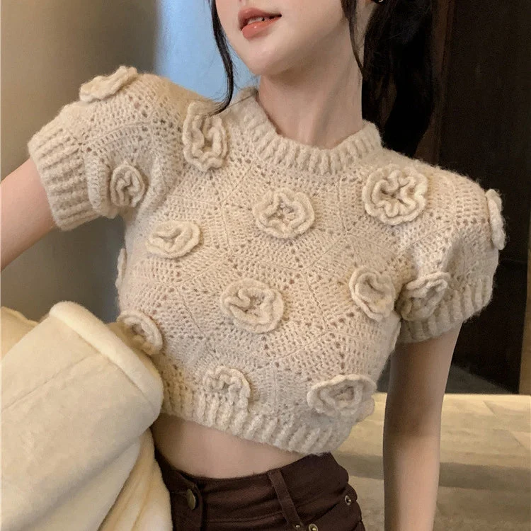 Casual Three-Dimensional Flower Knitted Solid Color Short Tops Wholesale Sweater