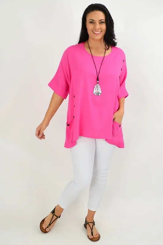 Hot Pink Coconut Button Sloping Sleeve Tunic Top