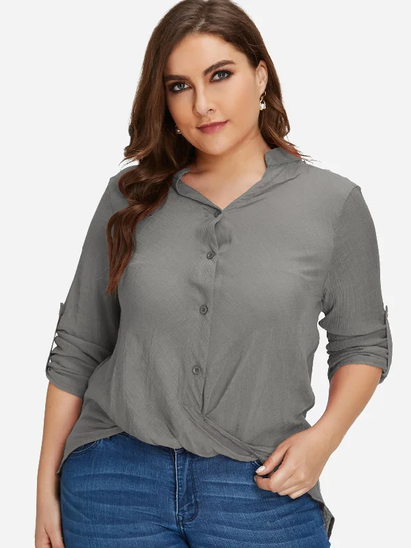 OEM ODM V-Neck Plain Twist Long Sleeve Grey Plus Size Tops