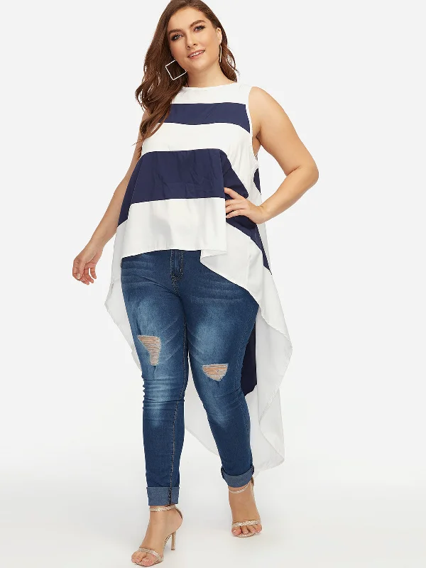 OEM ODM Round Neck Stripe Sleeveless High-Low Hem Plus Size Tops