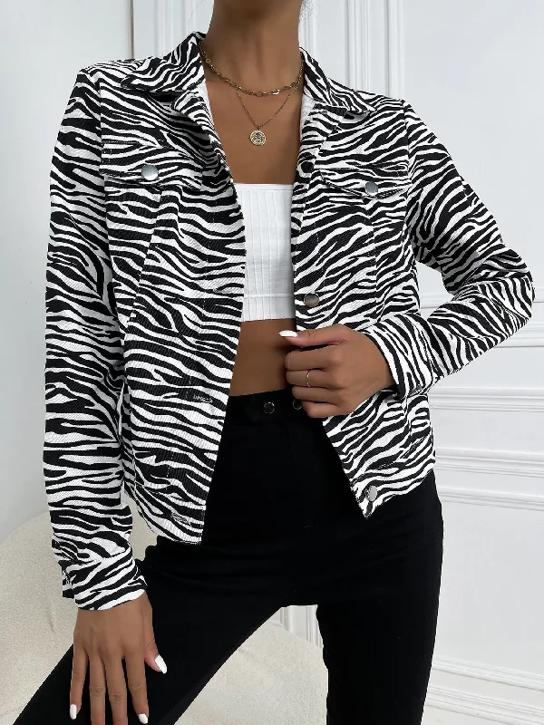 Casual Zebra Stripe Button Front Long Sleeve Collar Regular Women Jacket