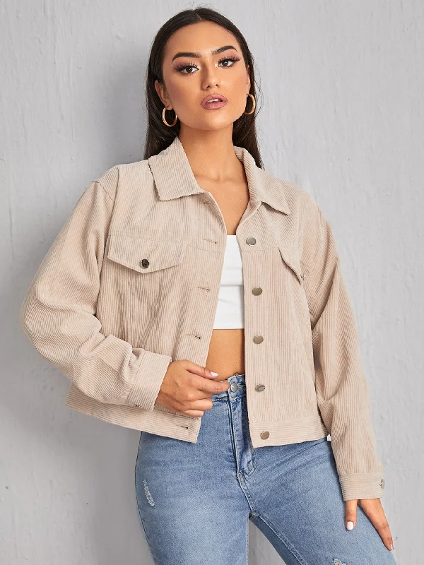 Casual Plain Button Front Long Sleeve Collar Crop Women Jacket