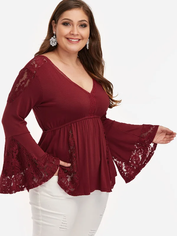 OEM ODM V-Neck Plain Lace Pleated Long Sleeve Flounced Hem Burgundy Plus Size Tops