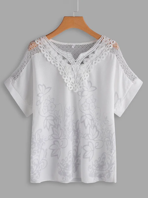 OEM ODM V-Neck Floral Print Lace Short Sleeve Plus Size Tops