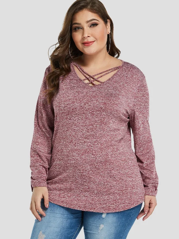 OEM ODM Plain Long Sleeve Curved Hem Pink Plus Size Tops