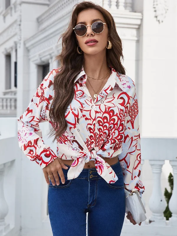 Casual Graphic Button Front Long Sleeve Collar Regular Blouse