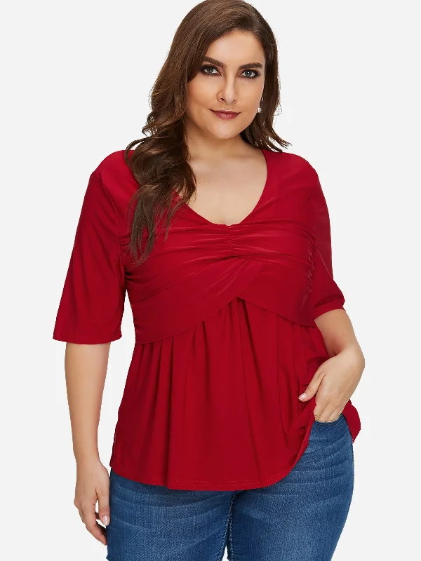 OEM ODM Round Neck Plain Pleated Half Sleeve Red Plus Size Tops