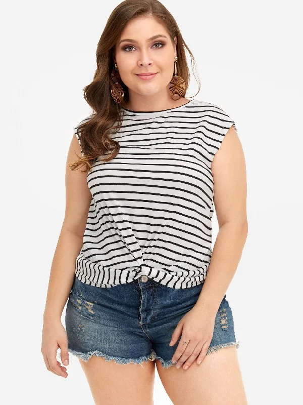 OEM ODM Round Neck Stripe Pleated Sleeveless White Plus Size Tops