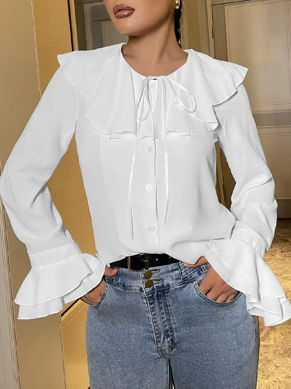 Casual Plain Tie Front Long Sleeve Peter Pan Collar Regular Blouse