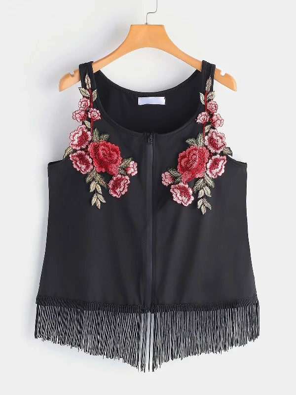 OEM ODM Round Neck Embroidered Sleeveless Tassel Hem Black Plus Size Tops