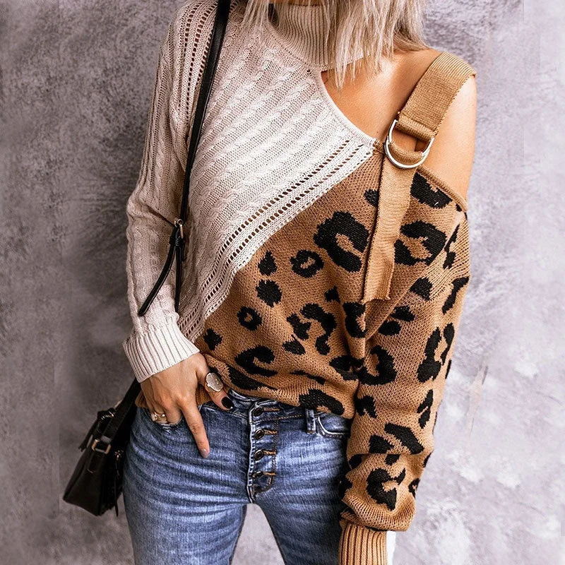 Pullover Fashion High Collar Knitwear Color-Blocking Leopard Print Turtleneck Off-The-Shoulder Sweater European American