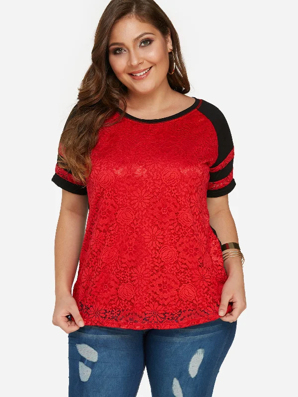 OEM ODM Scoop Neck Floral Print Lace Short Sleeve Plus Size Tops