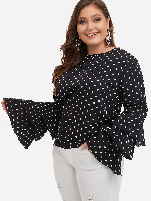 OEM ODM Round Neck Polka Dot Tiered Long Sleeve Plus Size Tops