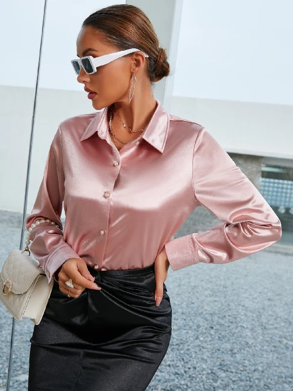 Elegant Plain Button Front Long Sleeve Collar Regular Blouse