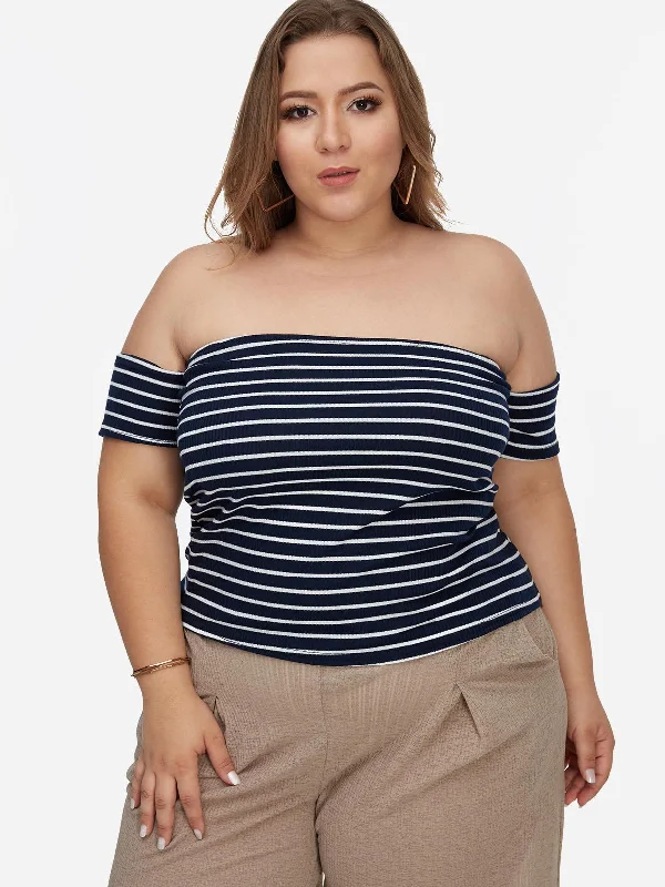 OEM ODM Off The Shoulder Stripe Short Sleeve Black Plus Size Tops