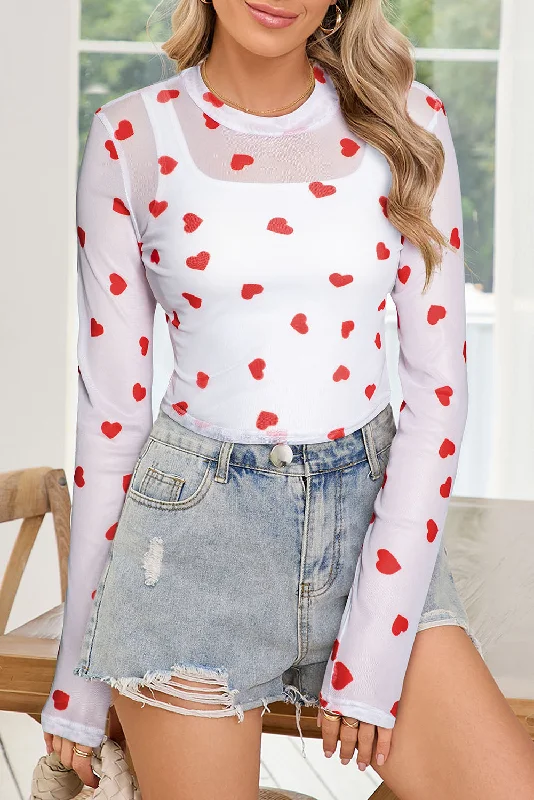 White Heart Print Mesh Long Sleeve Top