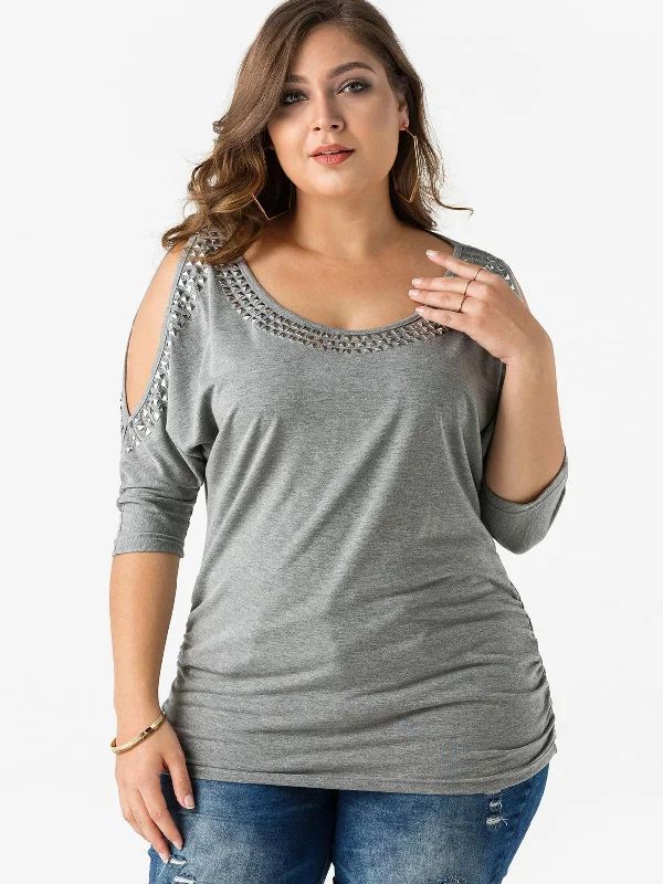 OEM ODM Scoop Neck Plain Sequins Embellished Half Sleeve Grey Plus Size Tops