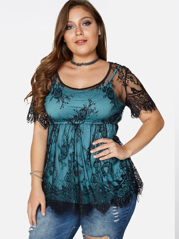 OEM ODM Lace Short Sleeve Tassel Hem Blue Plus Size Tops