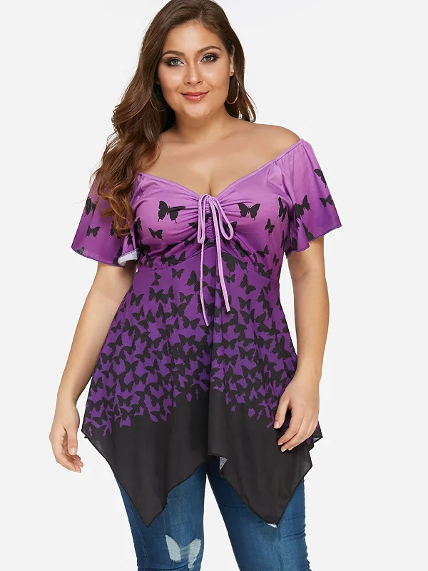 OEM ODM V-Neck Lace-Up Pleated Short Sleeve Irregular Hem Purple Plus Size Tops