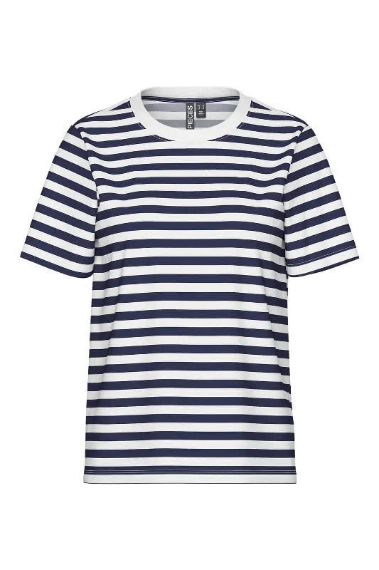 Pieces - Pcria Ss Tee Stripes - 4857334 Maritime Blue Bright White