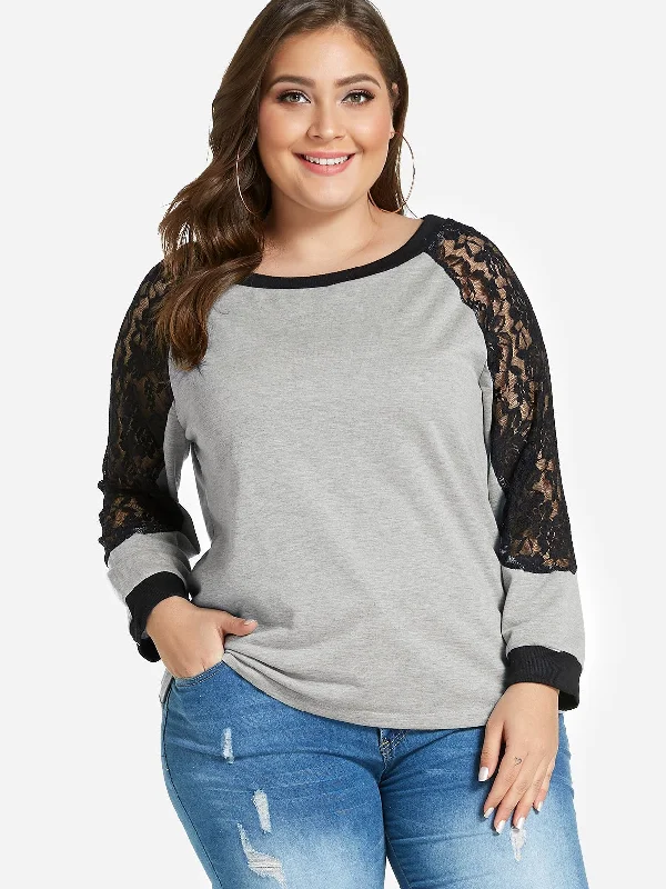 OEM ODM Round Neck Plain Lace Long Sleeve Grey Plus Size Tops