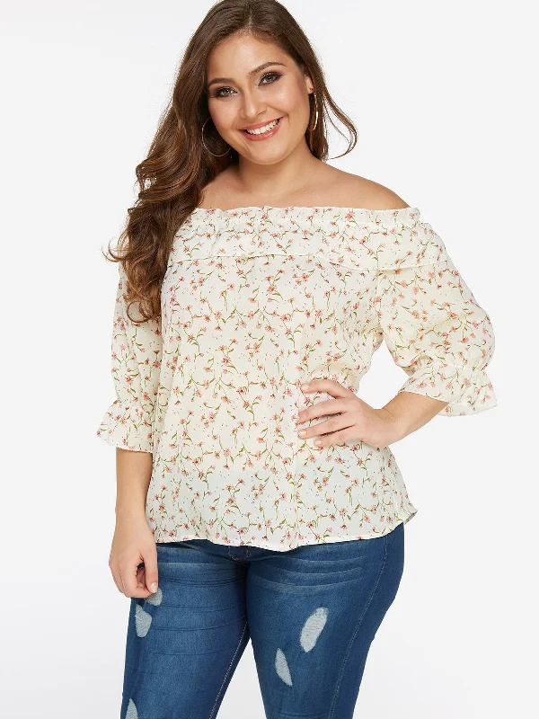 OEM ODM Off The Shoulder Floral Print Calico Backless 3/4 Sleeve White Plus Size Tops