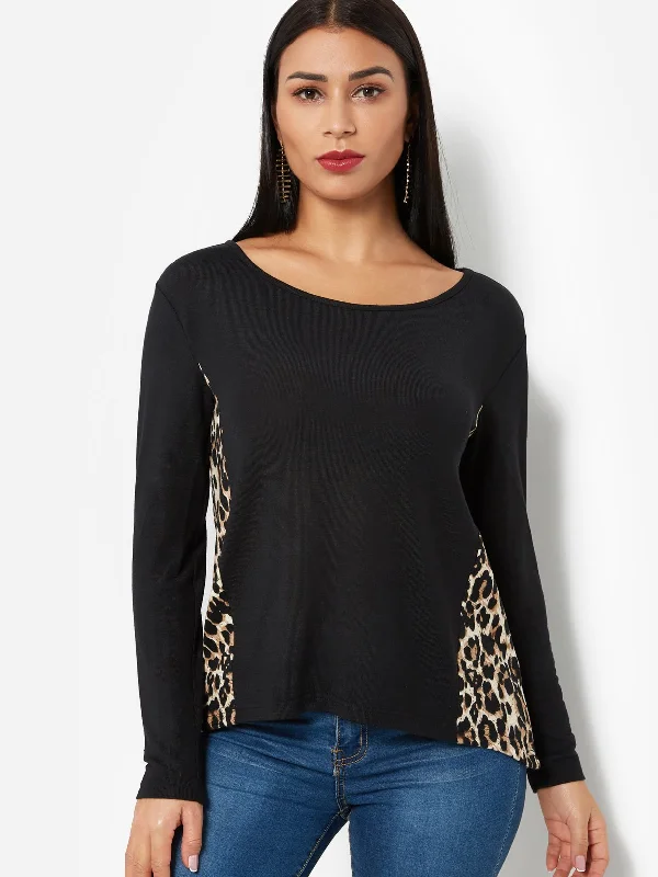 Custom One Shoulder Leopard Long Sleeve Black T-Shirts