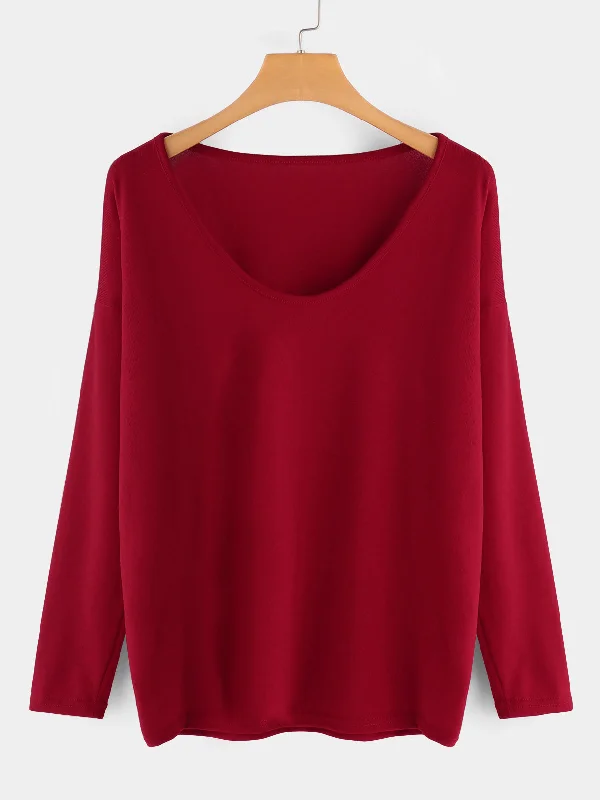 OEM ODM Round Neck Plain Long Sleeve Red Plus Size Tops