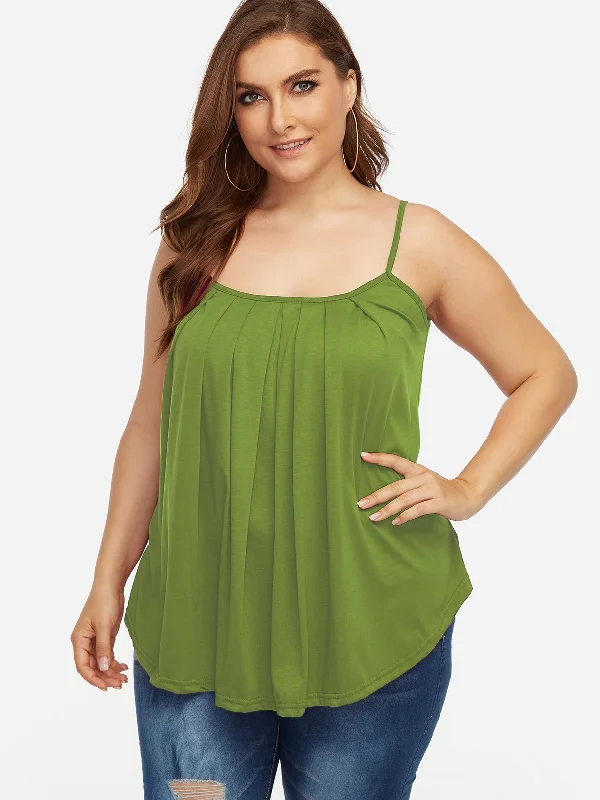 OEM ODM Square Neck Plain Pleated Spaghetti Strap Sleeveless Curved Hem Green Plus Size Tops