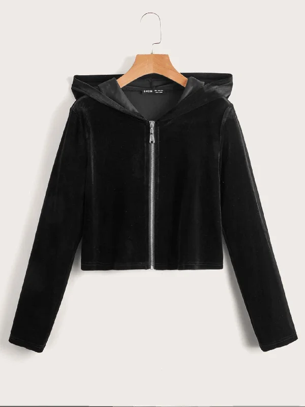 Casual Plain Zipper Long Sleeve Hooded Crop Women Jacket