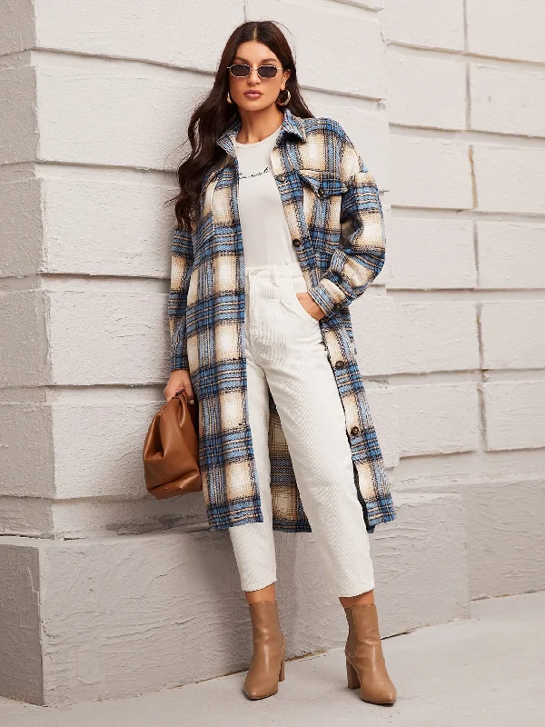 Casual Plaid Button Front Long Sleeve Collar Long Women Coat