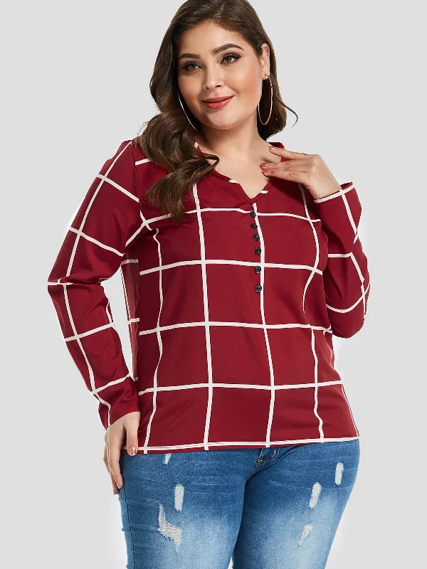 OEM ODM V-Neck Grid Long Sleeve Plus Size Tops