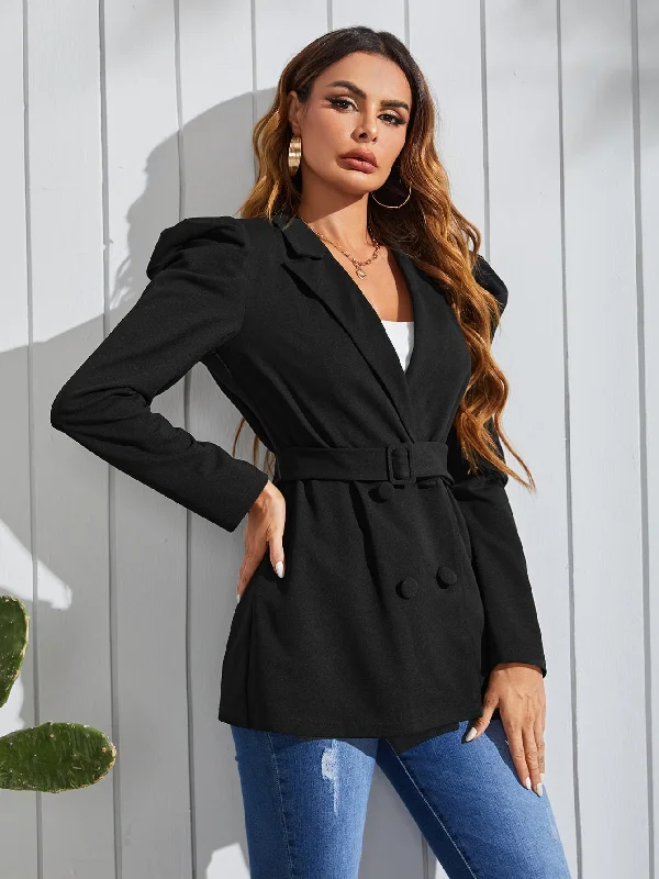 Elegant Plain Double Button Long Sleeve Lapel Long Women Blazer