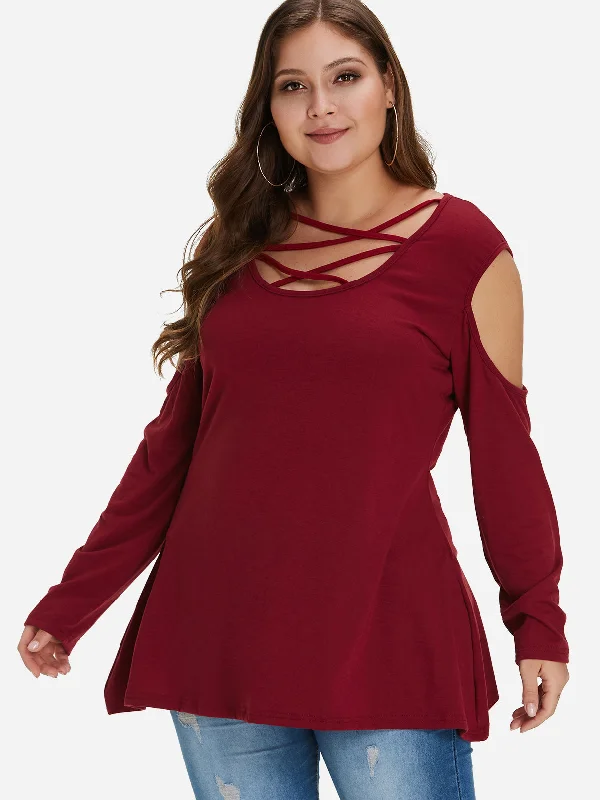 OEM ODM Scoop Neck Plain Cut Out Long Sleeve Burgundy Plus Size Tops