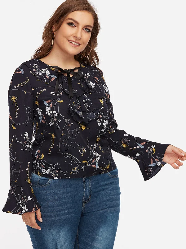 OEM ODM V-Neck Floral Print Long Sleeve Navy Plus Size Tops