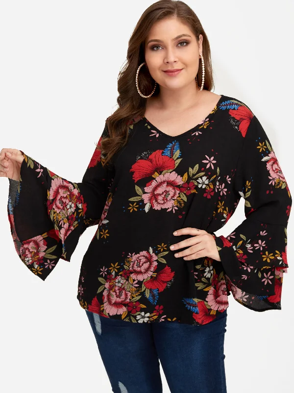 OEM ODM V-Neck Floral Print Long Sleeve Black Plus Size Tops