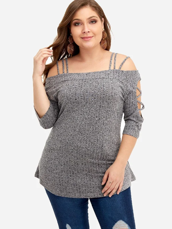 OEM ODM Cold Shoulder Plain Criss-Cross Half Sleeve Grey Plus Size Tops