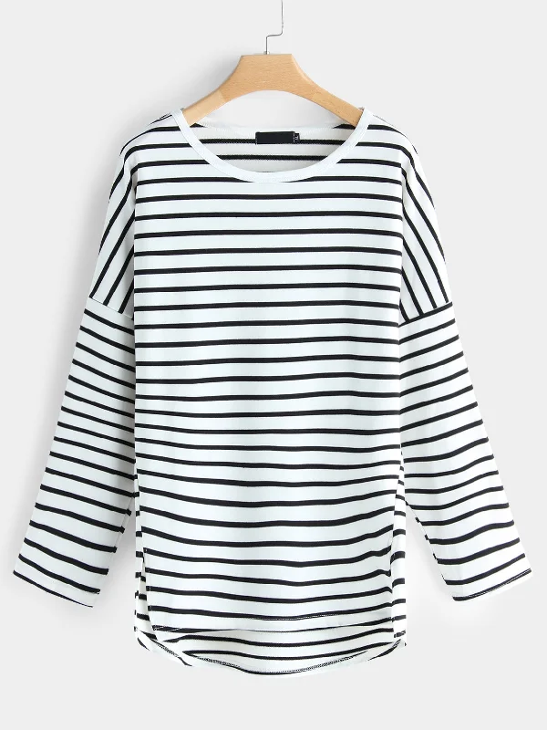 OEM ODM Round Neck Stripe Slit Long Sleeve Plus Size Tops